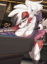 anthro big_breasts breasts female fur generation_7_pokemon hair lycanroc midnight_lycanroc nipples pokemon pokemon_(species) red_body red_fur solo white_body white_fur white_hair zinfyu