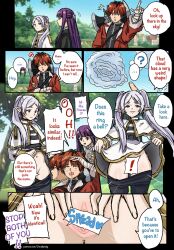 1boy 2girls comic english_text female fern_(sousou_no_frieren) flashing_pussy frieren jensketchy male multiple_girls nosebleed pointy_ears purple_hair red_hair right_to_left skirt_lift sousou_no_frieren stark_(sousou_no_frieren) tagme text white_hair