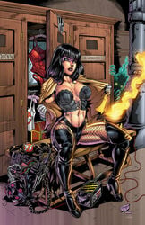 1girls big_breasts black_hair bra cdubbart cleavage dc fishnets ghostbusters high_heel_boots jake_isenberg open_jacket pinup sean_forney smooth_skin sweat tagme thick thick_thighs zatanna zatanna_zatara