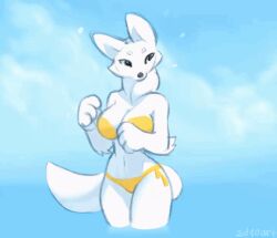 1girls 2024 2d10 animated arctic_fox big_breasts bikini black_eyes bouncing_breasts breasts canine clapping claws closed_eyes cute dancing elbow_tufts female female_only fox fox_ears fox_girl fox_tail furry furry_only happy in_water navel pawpads signature tail white_body white_fur wholesome