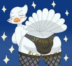 2018 anthro ass ass_cleavage avian beak big_butt bird blue_background blush breasts butt_crack closed_eyes clothing columbid domestic_pigeon fancy_pigeon fantail_pigeon feathers feces female fishnet fishnet_legwear fishnet_tights legwear lingerie_panties looking_back nyxiette_nyxstar nyxiettenyxstar orange_beak panties pigeon scat side_boob simple_background snow_(nyxiette) soiled_panties soiling soiling_underwear solo star stockings underwear white_body white_feathers