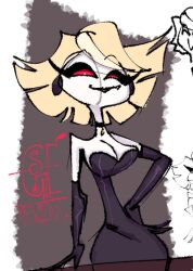 1girls 2023 big_breasts black_lipstick blonde_hair breasts cleavage demon demon_girl demoness ear_piercing hazbin_hotel katie_killjoy medium_hair pale-skinned_female pearl_earrings pearl_necklace red_sclera rewitzax sketch smile smiling solo solo_female white_pupils white_skin