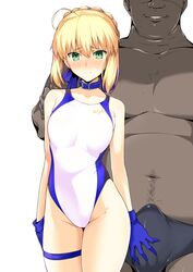 1boy 1girls artoria_pendragon bangs blonde_hair blue_swimsuit blush collar dark-skinned_male erection_under_clothes fat_man fate/grand_order fate/stay_night fate_(series) feet_out_of_frame gloves green_eyes halcon harukon_(halcon) holding_object looking_at_viewer one-piece_swimsuit penis_bulge ribbon saber simple_background speedo swimsuit tagme ugly_bastard white_background