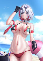 1girl absurdres armlet bare_shoulders beach belly belly_button big_breasts bikini black_gloves breasts cloud collarbone commentary_request diamond-shaped_pupils diamond_(shape) eyewear_on_head female female_focus female_only gloves grey_hair hair_ornament hand_on_own_head heart heart-shaped_eyewear highres hips hips_wider_than_shoulders honkai:_star_rail honkai_(series) huge_breasts innertube ipc_outfit jewelry looking_at_viewer medium_hair multicolored_hair navel outdoors purple_eyes red_hair sand shore simple_bird sky solo solomon_0616 stomach swim_ring swimsuit symbol-shaped_pupils teeth thick_thighs thighs topaz_(honkai:_star_rail) two-tone_hair underboob