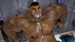 ad-games anthro bodily_fluids bugrol_(ad-games) cum dark-skinned_male dark_skin dirk_(ad-games) fangs gay genital_fluids hi_res humanoid humanoid_pointy_ears indoors lagomorph leporid locker_room male mammal muscular muscular_humanoid muscular_male nipples orc orc_male overweight overweight_male pointy_ears rabbit teeth