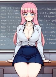 ai_generated blue_eyes blue_skirt classroom dexter's_laboratory japanese_teacher japanese_text knightnyan long_hair pink_hair pov skirt tagme teacher white_shirt