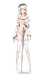 big_breasts feet genek jacket jacket_only long_sleeves looking_at_viewer naked naked_female open_clothes open_jacket orange_eyes panties slim_waist smile smiling_at_viewer socks stockings sword teenager thick_thighs thighhighs white_hair