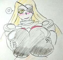 1boy 1girls 2010s big_breasts blonde_hair blush bodysuit boobjob breast_squish breasts eye_patch female getter_robo getter_robo_high green_eyes heart human long_hair paizuri penis_between_breasts robot_girl sketch speech_bubble thick_eyebrows thick_eyelashes tongue_out tsutsuno_byakuya