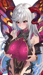 1girls absurdres alternate_costume bare_shoulders blue_hair blush breasts butterfly_wings chiyu1182 commission cosplay cowboy_shot curled_horns embarrassed fairy fairy_wings female female female_only fire_emblem fire_emblem_heroes freyja_(fire_emblem) goat_horns grabbing_own_breast grey_hair highres horns huge_breasts insect_wings long_hair mature_female multicolored_hair multicolored_leotard nail_polish nintendo plant plumeria_(fire_emblem) plumeria_(fire_emblem)_(cosplay) purple_nails red_eyes red_horns sideboob solo thorns two-tone_leotard vines white_background white_hair wings