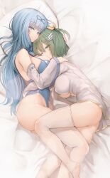 2girls big_breasts blue_eyes bob_cut breast_squeeze embrace female female/female female_focus female_only genek girls girls_only green_hair hair_ornament long_hair lying lying_on_bed lying_on_side petite petite_body petite_female stockings teenager thick_thighs wide_hips