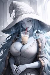 ai_generated big_breasts blue_body blue_eyes blue_hair blue_skin boba_tea boba_tea_challenge booba_tea breasts elden_ring fromsoftware highres ranni_the_witch wink