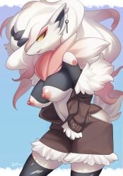 animal_ears anthro big_breasts breasts canid canine claws ear_piercing female fox fox_ears fox_girl fur furry generation_5_pokemon hisuian_form hisuian_zoroark long_hair mammal nintendo nipples piercing pokémon_(species) pokemon pokemon_(species) regional_form_(pokemon) solo white_body white_fur white_hair yellow_eyes yellow_sclera zinfyu zoroark