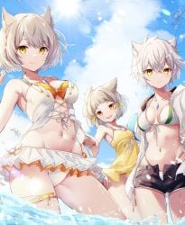 3girls alternate_hairstyle ancestor_and_descendant bare_shoulders bikini black_shorts breasts busty cat_ears catgirl core_crystal curvy family female female_only highres large_breasts looking_at_viewer medium_breasts midriff milf mio_(xenoblade) monolith_soft mother mother_and_daughter multiple_girls na'el_(xenoblade) navel nia nintendo official_alternate_costume orange_swimsuit shorts silver_hair slim_waist sundress swimsuit thick_thighs thighs ui_frara voluptuous water wet wide_hips xenoblade_(series) xenoblade_chronicles_2 xenoblade_chronicles_3 xenoblade_chronicles_3:_future_redeemed yellow_eyes