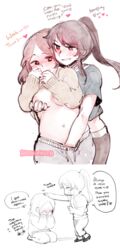 2girls black_hair blush breakfastb brown_hair chubby cute dialogue embarrassed femdom femsub flustered fondling gentle_femdom multiple_girls ponytail smile sweater wholesome yuri