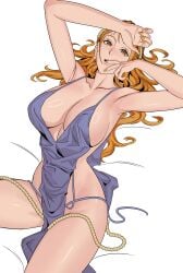 1girls armpits arms_up breasts brown_eyes dress female female_only huge_breasts large_breasts long_hair looking_at_viewer nami no_bra no_panties no_underwear one_piece orange_hair post-timeskip purple_dress revealing_dress solo tattoo uukkaa voluptuous