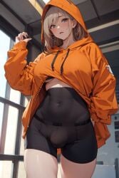 ai_generated black_clothing bulge bulge_through_clothing cropped_hoodie futa_only futanari hood hood_up hoodie indoors large_breasts looking_at_viewer navel open_mouth orange_clothing original original_character partially_clothed pixai pointing_back solo solo_futa tight_clothing underboob window