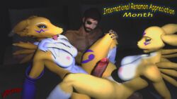 3d_(artwork) anthro big_penis canid canine digimon digimon_(species) digital_media_(artwork) ejaculation eye_patch eyewear female fox garry's_mod genitals group hi_res human lordzbacon male male/female mammal nude penis renamon taomon