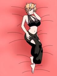 1boy 1girls animated blonde_hair breast_expansion breasts clothing gender_transformation horns huge_breasts laying_on_back laying_on_bed pointy_ears rikeza rule_63 short_hair transformation