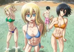 2boys 3girls abs absurdres annie_leonhardt armpits asian asian_female athletic_female attack_on_titan bare_shoulders beach belly_button bikini black_hair black_hair_female blonde_hair blonde_hair_female blue_eyes breasts chiseled_abs chiseled_body collarbone connie_springer eight_pack eyebrows eyelashes feet_out_of_frame female_abs fit_female hair_down hair_ornament highres historia_reiss levi_ackerman lips long_hair medium_breasts mikasa_ackerman multiple_boys multiple_girls muscular muscular_abs muscular_female muscular_legs muscular_thighs navel open_mouth parted_lips ponytail sand seaside shingeki_no_kyojin short_hair short_hair_female six_pack small_breasts swimsuit teeth thick_eyebrows tomboy tying_hair upper_teeth_only water waves