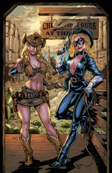 2girls alternate_version_available big_breasts black_phantom blonde_hair cdubbart cleavage female_only gun jake_isenberg marvel outlaw_(inez_temple) tagme thighs