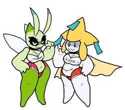 anthro bahamutgreen belly belly_button breasts celebi chubby crop_top eyelashes female jirachi nintendo pokémon_(species) pokemon pokemon_(species) shorts shortstack smiling_at_viewer sweat sweatdrop text thick_thighs