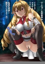 censored elinalise_dragonroad have_to_pee homare_(suzu_no_oka) japanese_text mushoku_tensei omorashi outside pointy_ears pubic_hair squatting translation_request