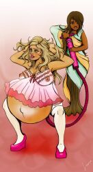 2girls belly_expansion bike_pump blonde_hair female_only full_body gradient_background half_squat indian indian_female inflation interracial layla_(inflatetress) mamaluma multiple_girls outie_navel pink_heels pink_high_heels pink_shoes pumps simple_background standing tagme wedge_heels yuri