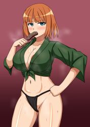 1girls brave_witches chocobanana eating fundoshi gundula_rall hachimitsu-b happi large_breasts short_hair solo strike_witches world_witches_series