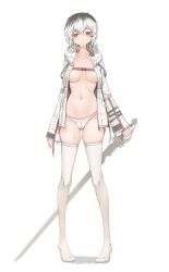 big_breasts cameltoe feet genek jacket jacket_only long_sleeves looking_at_viewer open_clothes open_jacket orange_eyes panties slim_waist socks stockings sword teenager thick_thighs thighhighs white_hair