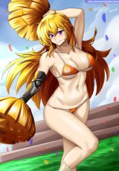 bikini bikini_bottom bikini_top blonde_female blonde_hair cheering hocen long_hair long_hair_female pom_poms purple_eyes robotic_arm rwby yang_xiao_long