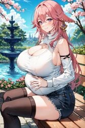 ai_generated alternate_breast_size bench blush cherry_blossoms cleavage_cutout cloudy_sky denim_shorts fountain from_side genshin_impact huge_breasts looking_at_viewer mihoyo pink_hair pregnant seductive_smile sitting stable_diffusion sunlight sweater thick_thighs thighhighs video_games wide_hips yae_miko