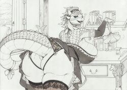 absurd_res anthro argonian ass bethesda_softworks big_breasts big_butt biped bodily_fluids breasts clothed clothing drooling eyelashes female genital_fluids hi_res huge_butt legwear lifts-her-tail longinius looking_back maid_uniform pupils saliva scalie the_elder_scrolls thick_thighs thigh_highs tongue tongue_out uniform vaginal_fluids