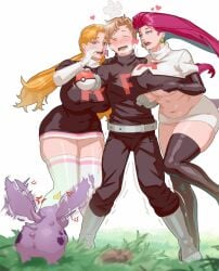 1boy 2girls belly big_breasts blonde_hair cassidy_(pokemon) chubby chubby_female huge_breasts ictiwinter jessie_(pokemon) knees large_breasts long_hair materclaws pink_hair pokemon pokemon_(species) shiny_skin skindentation slightly_chubby stomach team_rocket thick_thighs thighs thighs_together wide_hips wide_thighs