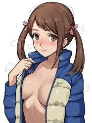 ai_generated bangs blush blushing boob_window brown_eyes brown_hair dojima_nanako lepypepy looking_at_viewer persona persona_4 puffer_jacket removing_clothing sideboob smiling twintails