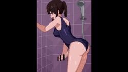 1futa animated bangs bath bathroom brown_hair censored cum cumming duke_shiwa futa_only futanari masturbating masturbation pixel_art ponytail shiwa_kou shower solo sound swimsuit tagme video