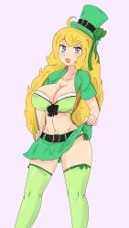 1girls blonde_female blonde_hair cleavage fjtiko green_panties long_hair purple_eyes rwby saint_patricks_day skirt skirt_lift yang_xiao_long zronku