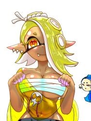 2024 big_breasts black_eyelashes black_pants blue_hair breasts chest dark-skinned_female dark_skin digital_media_(artwork) ear_piercing frye_(splatoon) hair_over_one_eye headgear headwear hi_res huge_chest looking_at_viewer nintendo one_eye_covered open_mouth pants pointy_eared_humanoid pointy_ears red_eyes sarashi sarashi_pull shiver_(splatoon) shiver_(splatoon)_(cosplay) simple_background smile smiling_at_viewer splatoon splatoon_(series) splatoon_3 t2ukmyjm tentacle tentacle_hair white_background yellow_eyebrows yellow_eyelashes yellow_eyes yellow_hair