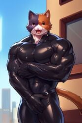 1boy abs ai_generated anthro big_bulge bulge calico_cat cat_ears cat_tail catboy city covering_bulge detailed detailed_background epic_games felid feline felis fortnite fortnite:_battle_royale holding_object latex latex_bodysuit latex_clothing latex_gloves latex_suit living_room male male_breasts male_only meowscles meowscles_(fortnite) muscular muscular_anthro muscular_arms muscular_male nipples orange_eyes outdoors pecs pink_nose public shiny shiny_clothes shiny_latex solo solo_focus solo_male stable_diffusion standing sweat sweating thick_thighs video_game_character video_games wide_hips