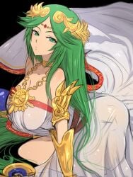 1girls ahoge armlet ass bare_shoulders belt black_background bracelet breasts chiton cleavage collarbone curious dress eyelashes female forehead_jewel gold green_eyes green_hair highres jewelry kid_icarus kid_icarus_uprising knee_up large_breasts laurel_crown light_blush long_dress long_hair long_neck looking_at_viewer md5_mismatch multiple_belts neck_ring necklace nintendo omiza_somi palutena parted_bangs parted_lips pendant shield side_slit simple_background sketch solo staff strapless strapless_dress swept_bangs tareme tiara vambraces very_long_hair white_dress