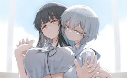 2girls big_breasts black_hair blue_eyes bob_cut brown_eyes embrace genek holding_hands hug hug_from_behind long_hair smiling smiling_at_viewer white_hair