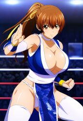 1girls accurate_art_style ai_generated alluring auburn_hair big_breasts brown_eyes cleavage clothed crowd dead_or_alive dead_or_alive_xtreme_beach_volleyball doasuki kasumi kasumi_(doa) kunoichi tecmo wrestling_ring