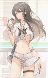 bare_legs belly_button black_eyes black_hair genek long_hair looking_at_viewer skirt skirt_lift skirt_up slim_waist teenager thighs underwear