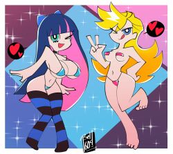 2girls bell1609 big_breasts blonde_hair blue_eyes blue_hair choker heart multiple_girls panties panty_&_stocking_with_garterbelt panty_anarchy pasties peace_sign pink_hair stocking_anarchy striped_socks thighhighs two_tone_hair wink