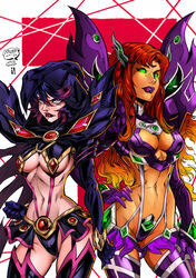 2020 2girls anthony_aguilar bare_midriff belly_button breasts cdubbart cleavage crossover dc dc_comics female female_only fusion green_eyes jake_isenberg kill_la_kill kiryuuin_satsuki_(cosplay) koriand'r matoi_ryuuko_(cosplay) multiple_girls orange_hair rachel_roth raven_(dc) red_eyes revealing_clothes senketsu smooth_skin starfire superheroine teen_titans thighhighs two_tone_hair