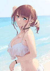 1girls beach bikini blush bracelet breasts brown_hair choker ear ear_piercing earrings eyebrows_visible_through_hair female fingernails frilled_bikini green_eyes hand_up holding holding_hair jewelry jonsun large_breasts long_hair medium_hair mole ocean original piercing smile solo standing swimsuit waves white_bikini