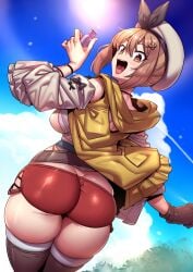 1girls ass ass_cleavage ass_focus atelier_(series) atelier_ryza atelier_ryza_1 back backboob big_ass blue_sky breasts brown_eyes brown_hair butt_crack cloud day fat_ass_teen female from_behind hair_ornament hat highres hood huge_ass huge_hips huge_thighs human jewelry large_breasts looking_at_viewer looking_back medium_breasts outdoors red_shorts reisalin_stout short_shorts shorts skin_tight sky solo teenager thick_thighs thigh_exposed_between_shorts_and_thighhighs thighhighs thighs tsuki_wani tsukiwani tukiwani white_headwear wide_hips