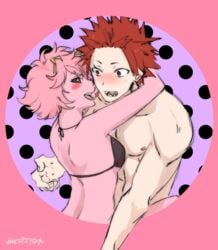 1boy 1boy1girl 1girls arms_around_neck assertive_female black_sclera blush blushing bra breast_on_chest cute dkakipiyoa eijirou_kirishima embrace embracing female heart horns hugging innocent kakipiyo kirimina male male/female mina_ashido my_hero_academia pink_hair pink_skin red_eyes red_hair seductive sensual straight suggestive surprised