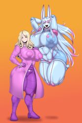 2girls arms_up ass ber00 big_ass big_breasts blonde_hair breasts busty dirty_deeds_done_dirt_cheap female female_only floating funny_valentine hand_on_hip hands_behind_head huge_breasts jojo's_bizarre_adventure large_breasts looking_at_viewer rule_63 stand_(jjba) steel_ball_run thick_thighs wide_hips