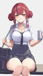 1girls bangs big_breasts blushing captain_marine female hair_buns heterochromia hololive hololive_fantasy hololive_japan houshou_marine large_breasts red_hair school_uniform schoolgirl shirt skirt solo straight_hair thighs tie virtual_youtuber vtuber