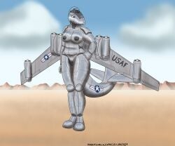 2024 absurd_res aeromorph aircraft airplane anthro b-47_stratojet barely_visible_genitalia barely_visible_pussy big_breasts bomber breasts chrome_body cloud desert desert_background dust female genitals grumpy hand_on_hip hi_res jet living_aircraft living_machine living_vehicle machine natasha_(panzerschreckleopard) navel nipples nude outside panzerschreckleopard purple_eyes pussy slightly_chubby slightly_chubby_female solo standing united_states_air_force vehicle